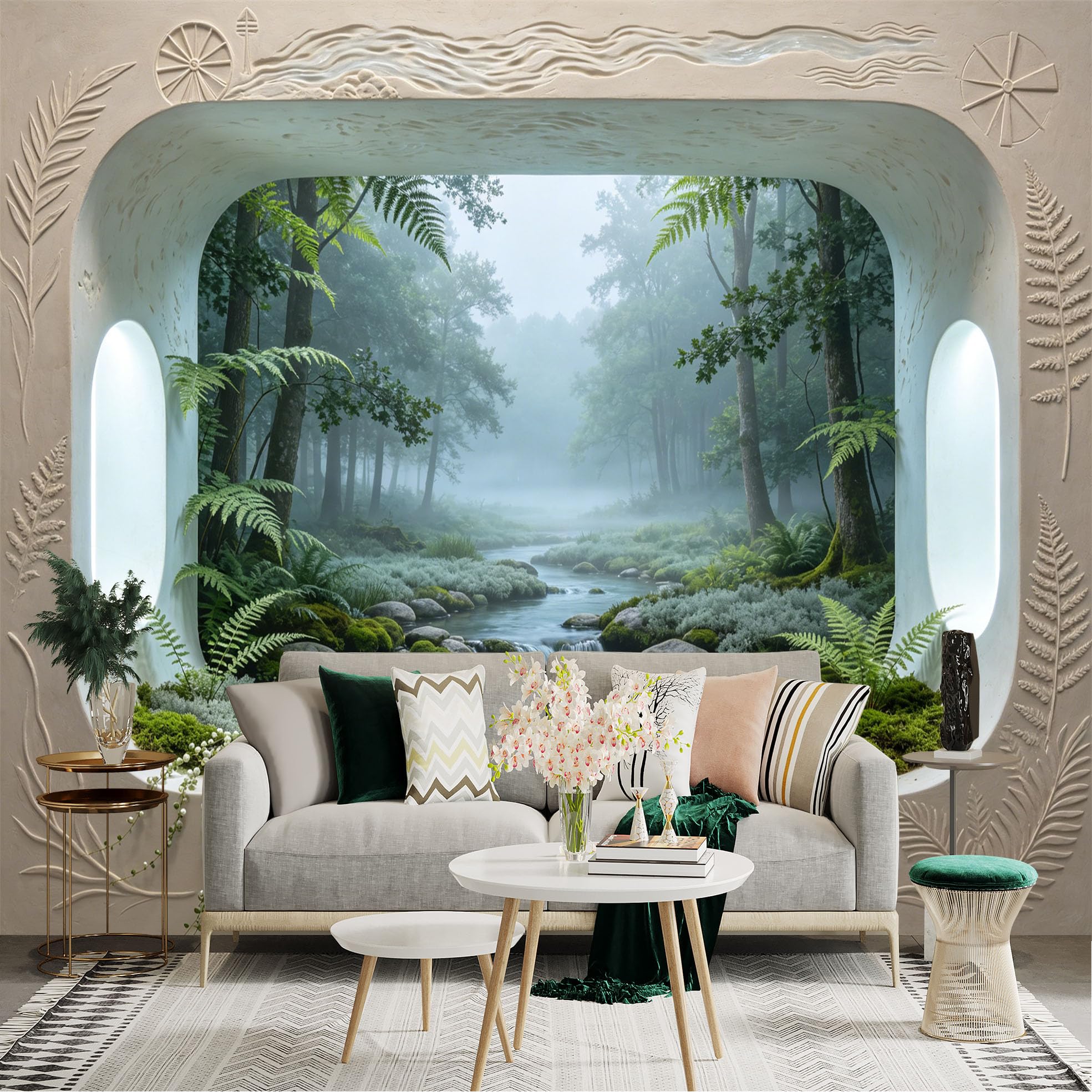 Custom Size Wall Sticker Mural， Misty Forest with River， Moss and Ferns Window View， for wall Decoration， peelandstick wall Decals.