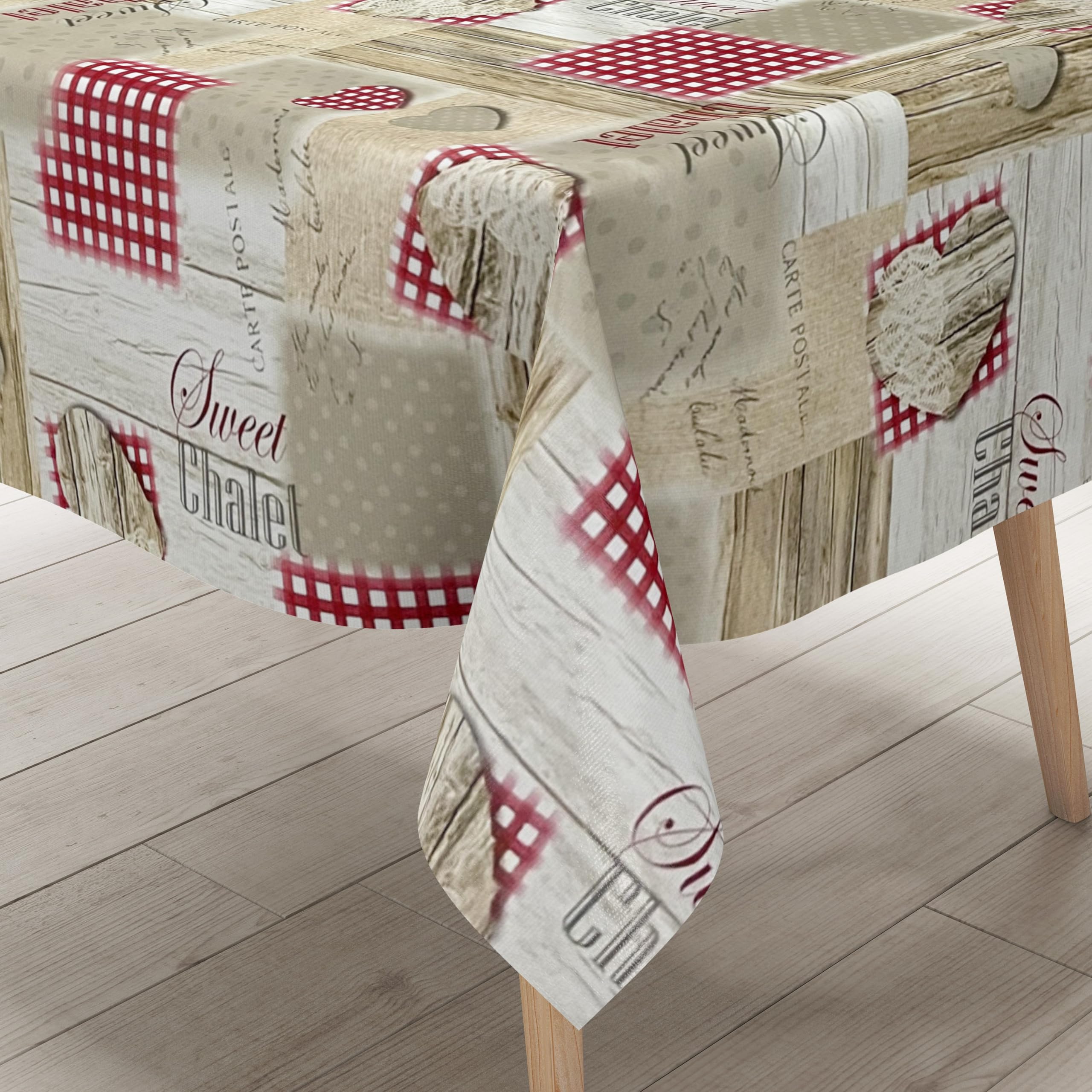 KEVKUS Nappe En Toile Cirée 06211-00 Sweet Chalet Bois ALM Au Choix Rectangulaire, Ronde Ou Ovale Avec Ruban Passepoilé 140 X 220 Cm