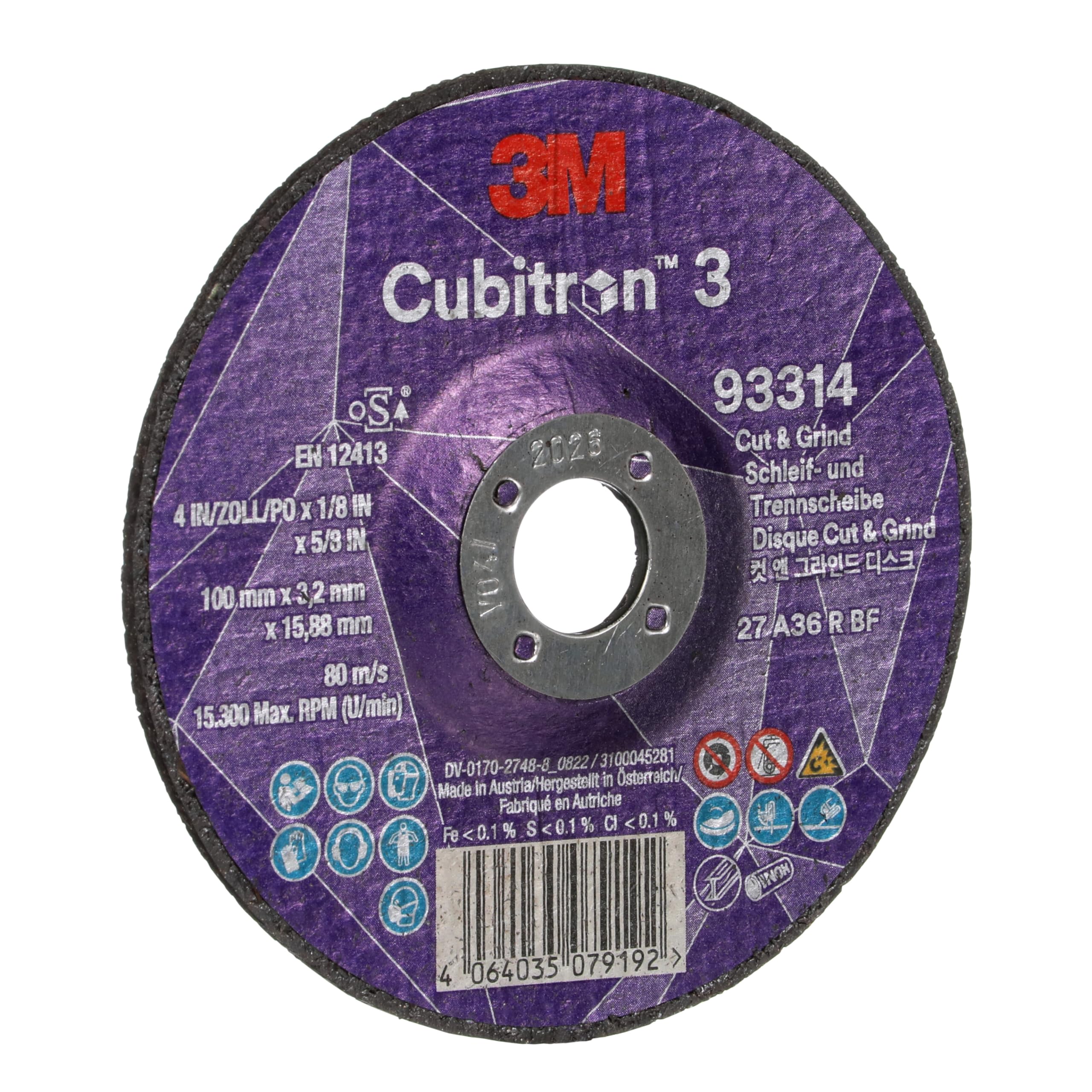 3M Cubitron 3 Disco de Corte y Desbaste, 93314, 36+, T27, 100 mm x 3.2 mm x 15.88 mm, EN, Paquete de 10 Unidades