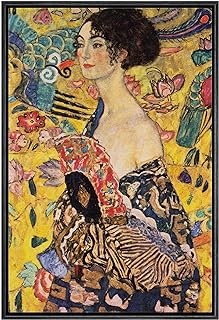 NWT Framed Canvas Print Wall Art Gustav Klimt's Lady with Fan Historic Oil Painting Baroque Traditional Scenic Colorful for Living Room, Bedroom, Office - 24"x36" Black