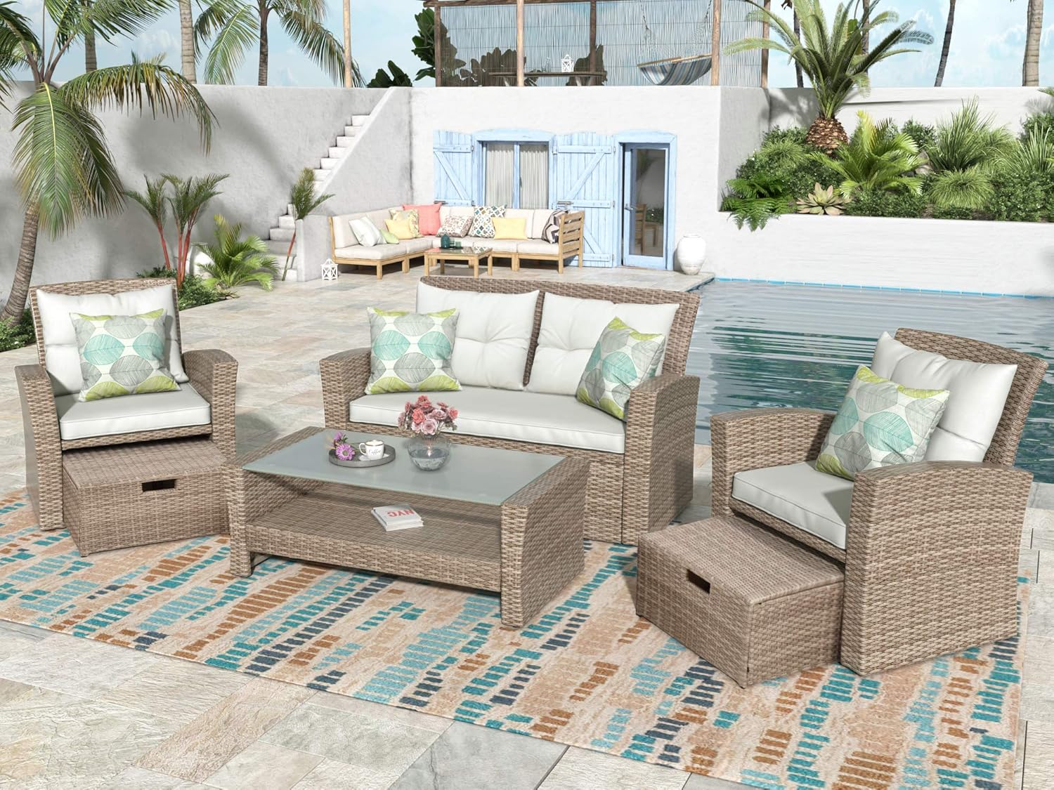 HomSof 6 Piece Outdoor Patio Furniture Conversation Set Wicker Ratten Sectional Sofa with Seat Cushions and Ottoman, Beige1, 4 Seater : Everything Else