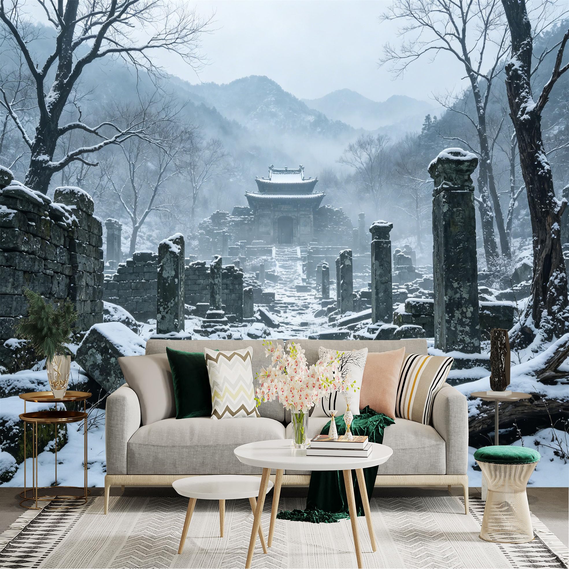 Custom Size Wall Sticker Mural， Ancient Temple Ruins in Winter Snow with Mountains and Trees， for wall Decoration， peelandstick wall Decals.