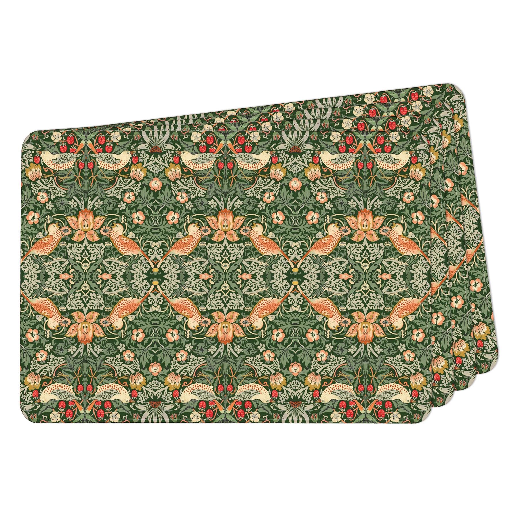 Set of 4 Faux Leather Placemats - Green Strawberry Thief - Waterproof Wipeable Dining Table Mats, 28 x 20cm