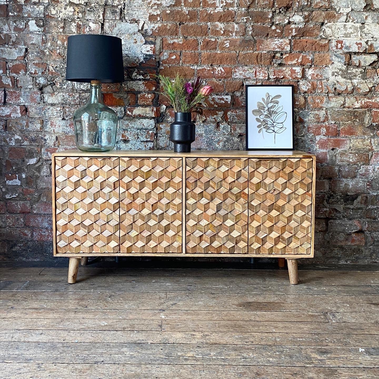 COKU Home Iona 4 Door Large Solid Wood Sideboard Made from Solid Mango Wood with a Geometric 3D Pattern Beautiful Wooden Sideboard Cabinet