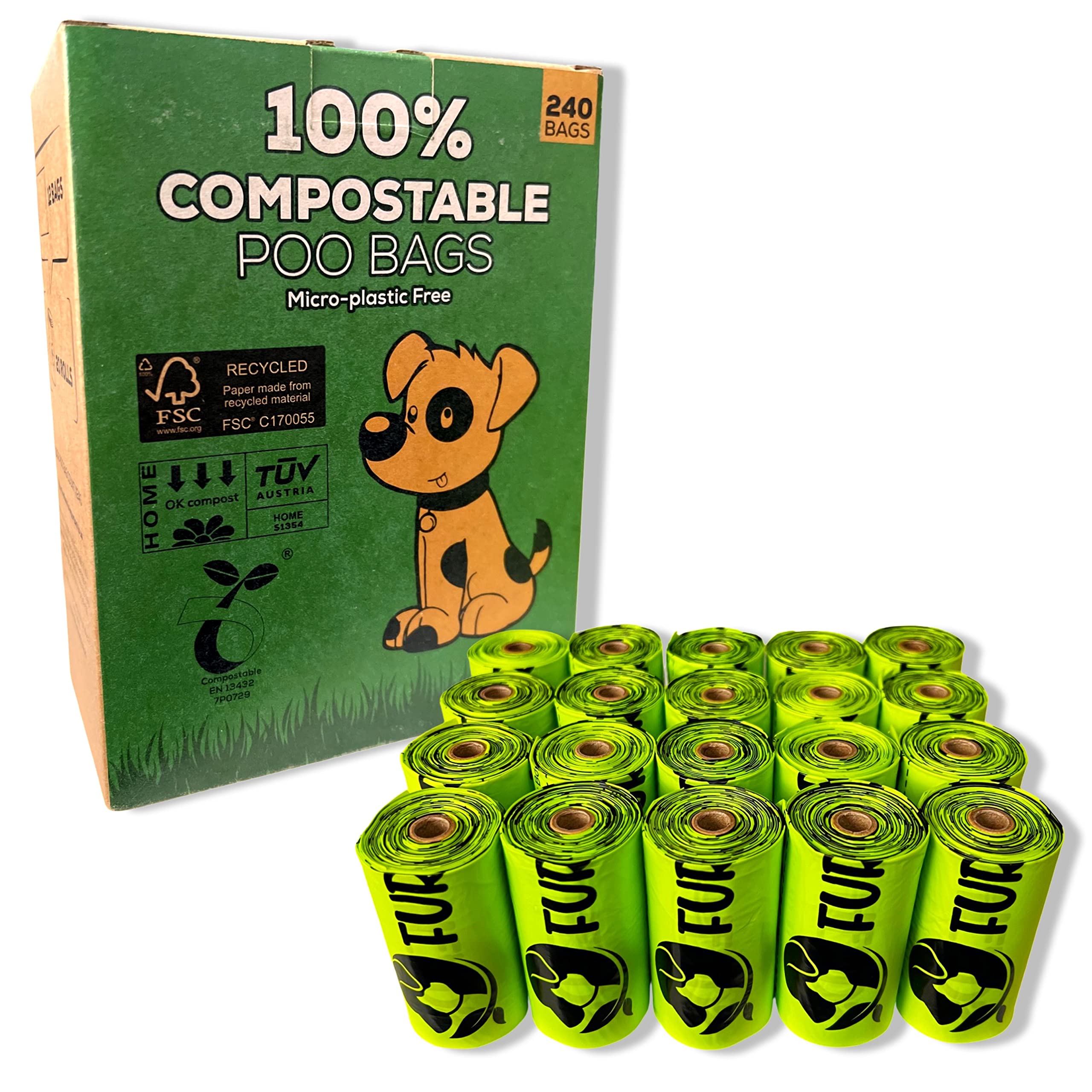 Fur Heads Dog Poo Bags – 240 Compostable & Biodegradable Bags | Extra Thick, Leak-Proof, Unscented & Plastic-Free | Eco Dog Waste Bags | EN13432 Certified & Plant-Based