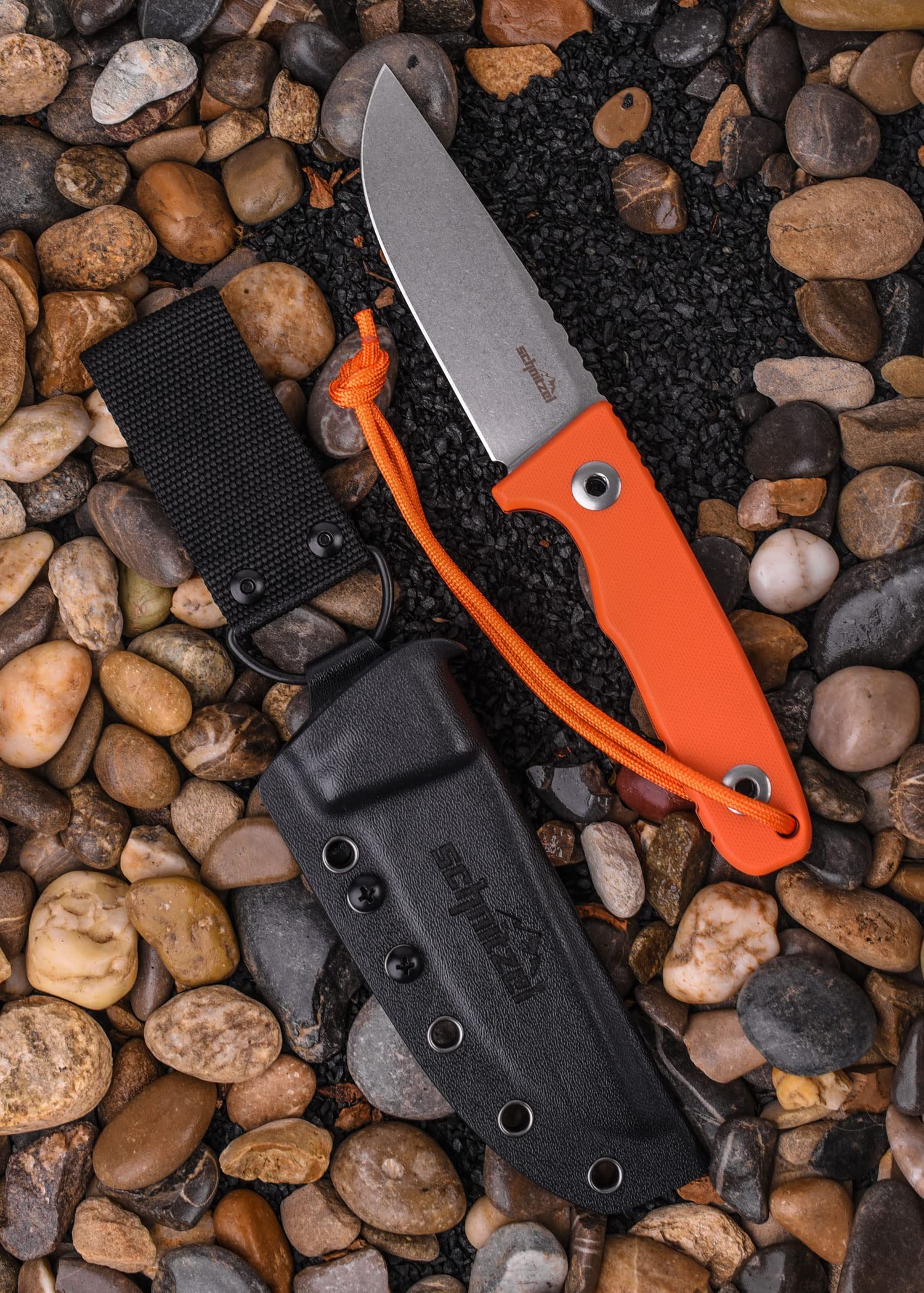 SCHNITZEL TRI - Outdoormesser mit Kydex-Scheide, Orange | Dangler-Tragesystem, Bushcraft, Camping, Wandern, Outdoor, Messer, Jagdmesser, Freizeitmesser, Erwachsene