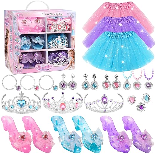 Princess Dress Up for Girls 4-6, 3 Color Skirts, Shoes, Crowns, Jewelry Boutique Kit Dress Up Clothes for Little Girls,Gifts for 3-6 Year Old Girls
