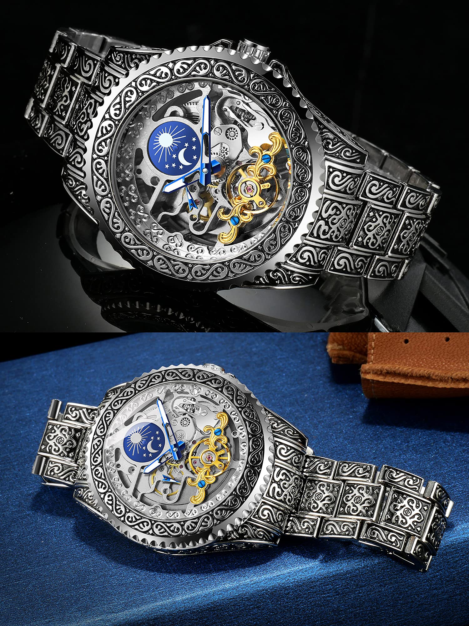 FORSINING Retro-Armbanduhr für Herren, geschnitzt, selbstaufziehend, mechanisch, Tattoo, Tourbillon, Mondphase, unabhängige Sekunde, Skelett, automatisch, großes Zifferblatt, Armbanduhren