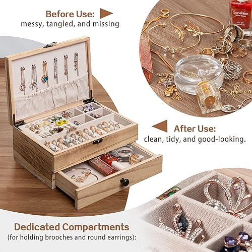 Miniatura 5 de Tektalk Joyero para mujeres y niñas, organizador de joyas, estilo granja, soporte de joyería para collares, aretes, anillos, pulseras, color marrón