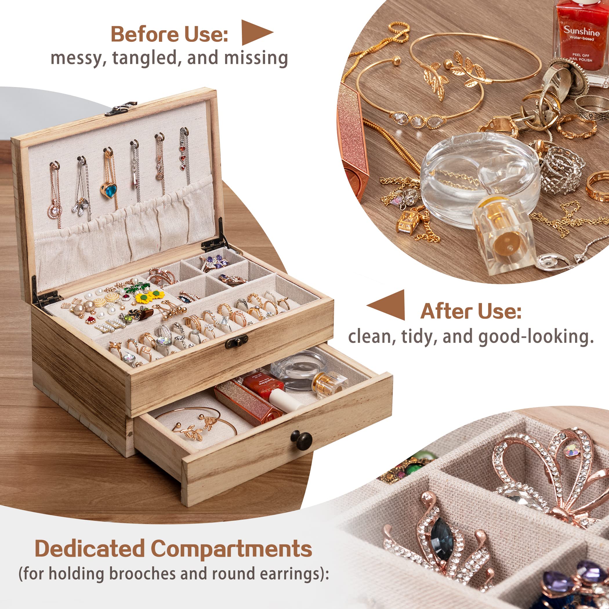 Tektalk Schmuckschatulle, Schmuck Organizer im Landhausstil, Schmuckhalter für Halskette, Ohrringe, Ringe, Armbänder für Damen und Mädchen - braun