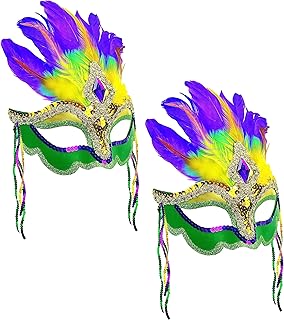 Wittocs 2 Pack Mardi Gras Mask Feathers Venetian Masquerade Mask for Carnivals Halloween Cosplay Party for Women Lady Couples
