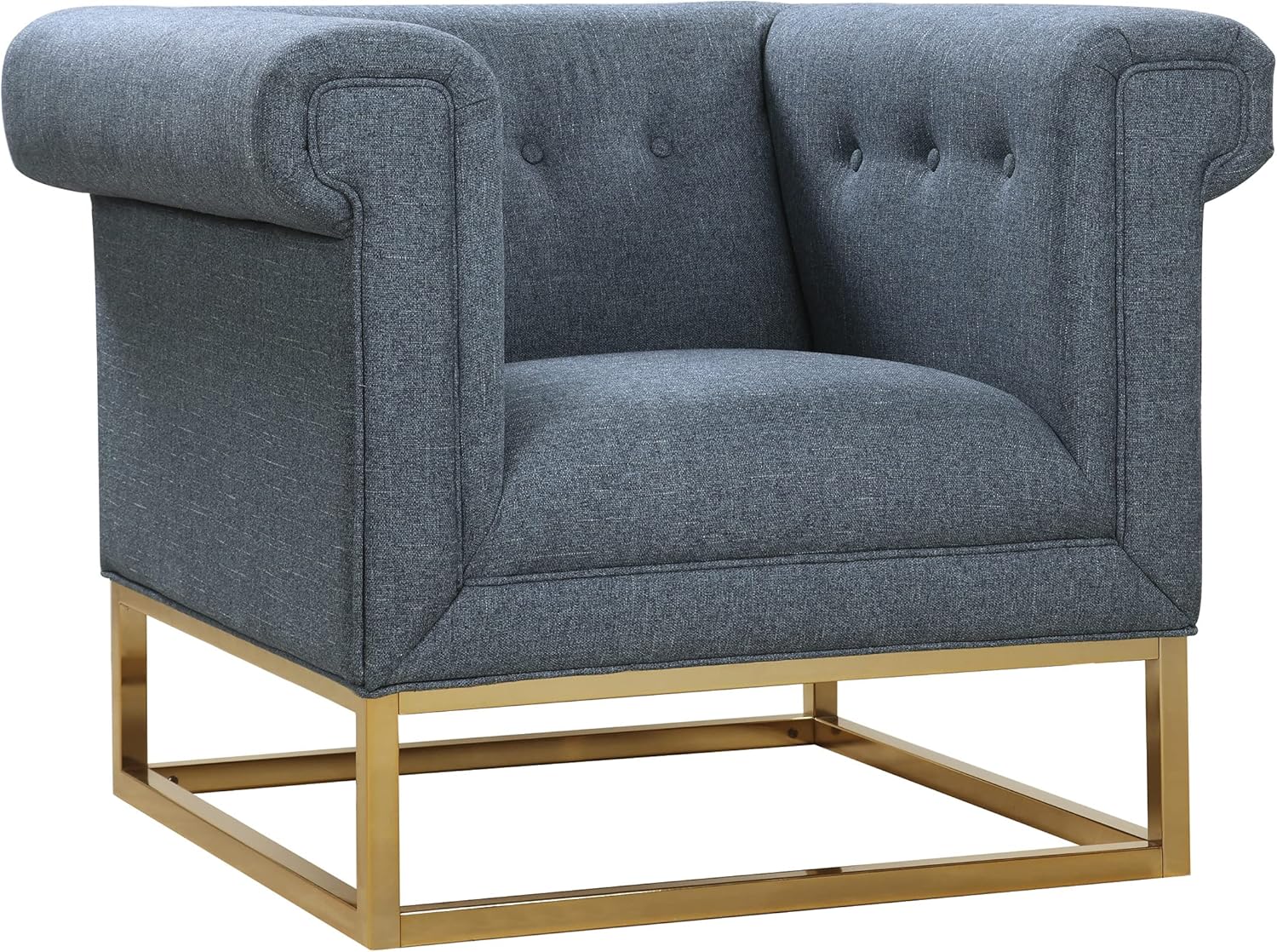 Iconic Home Palmira Accent Club Chair Button Tufted Linen-Textured Plush Cushion Brass Finished Brushed Metal Base Frame, Modern Transitional, Blue (FCC2889-AN)