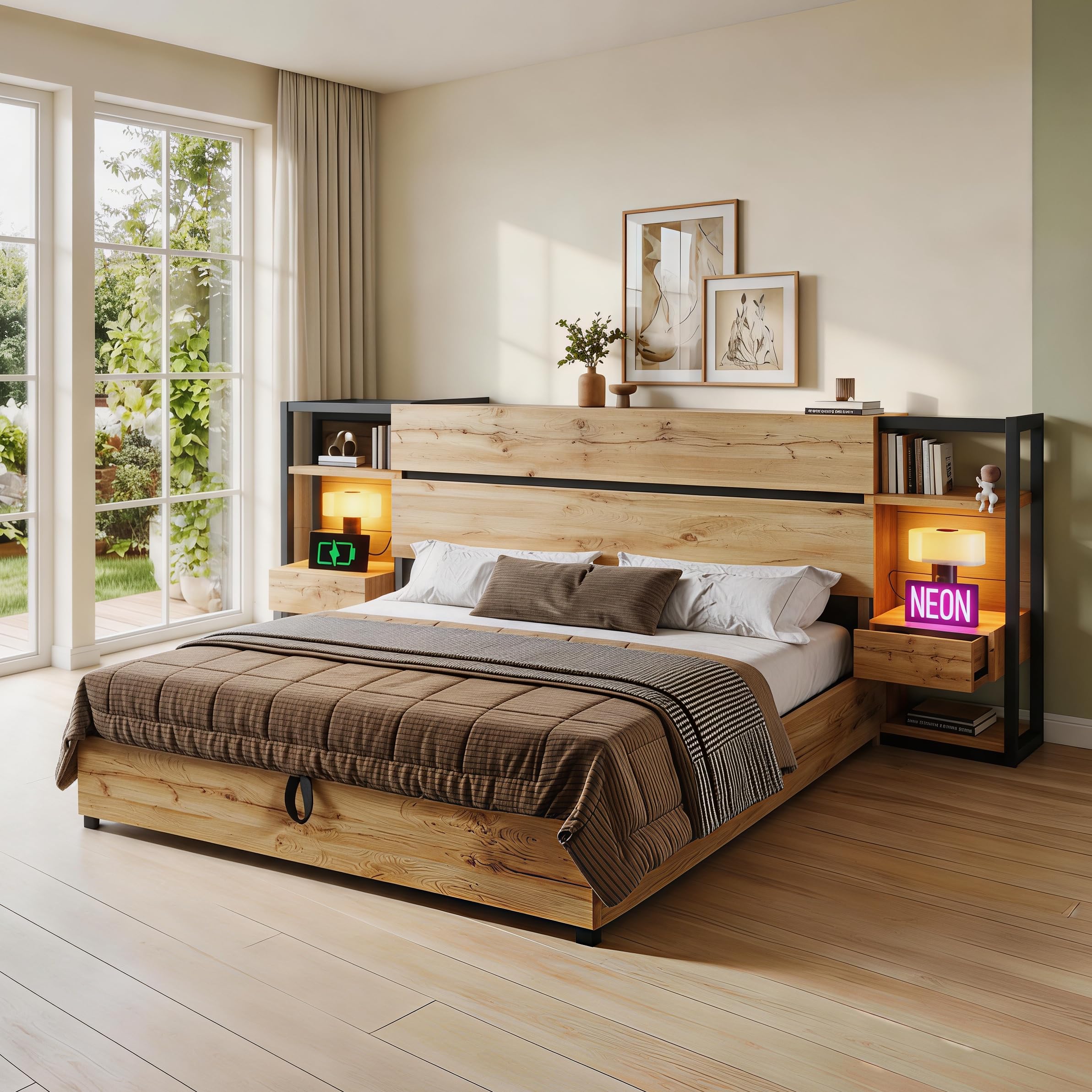 Cama de matrimonio de 160 x 200 cm con cajones y puerto de carga USB y tipo C de madera, cama de almacenamiento hidráulico, cabecero de almacenamiento, somier con listones de madera, acabado