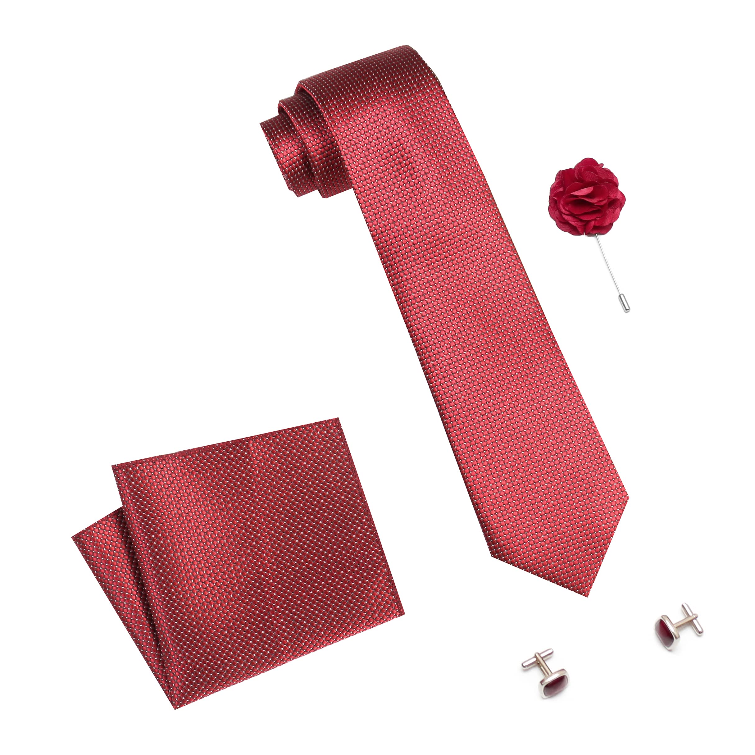 Tie for Men – Dotted Silk Neck Ties Set with Cufflinks Flower Pin, Pocket Square & Black Gift Box, Combo Necktie Sets for Office Wear, Formal Suits & Weddings (Maroon, A10MRRX)-image-49