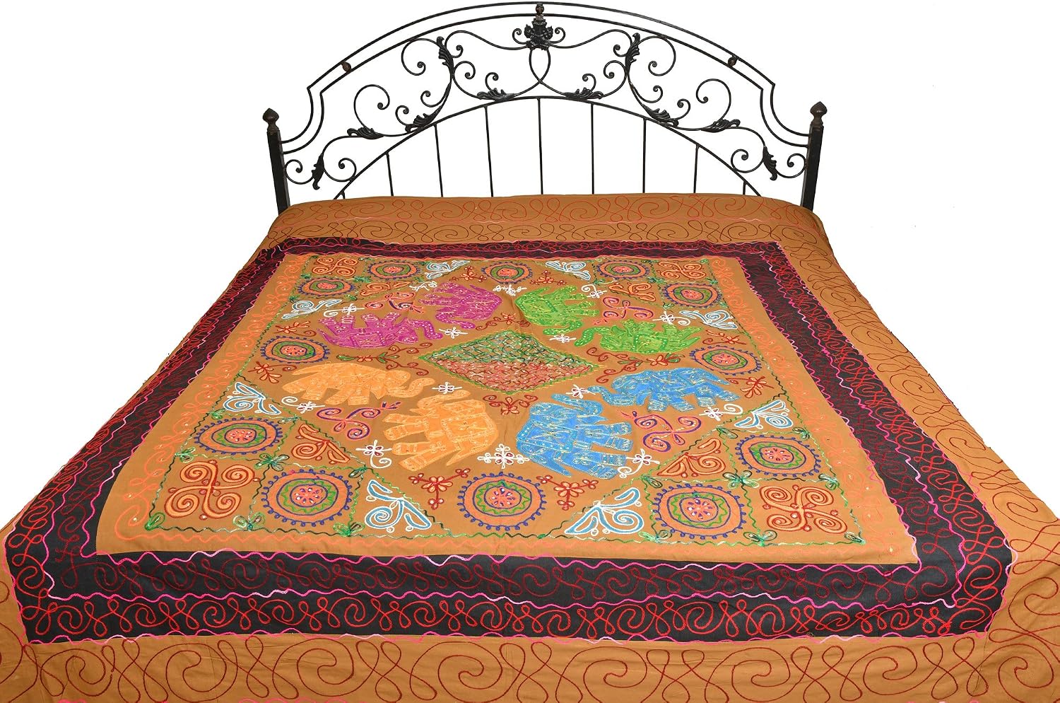 Exotic India Gujarati Bedspread with Embroidery and Applique Elephants - Pure Cotton - Color Apple Cinnamon Color