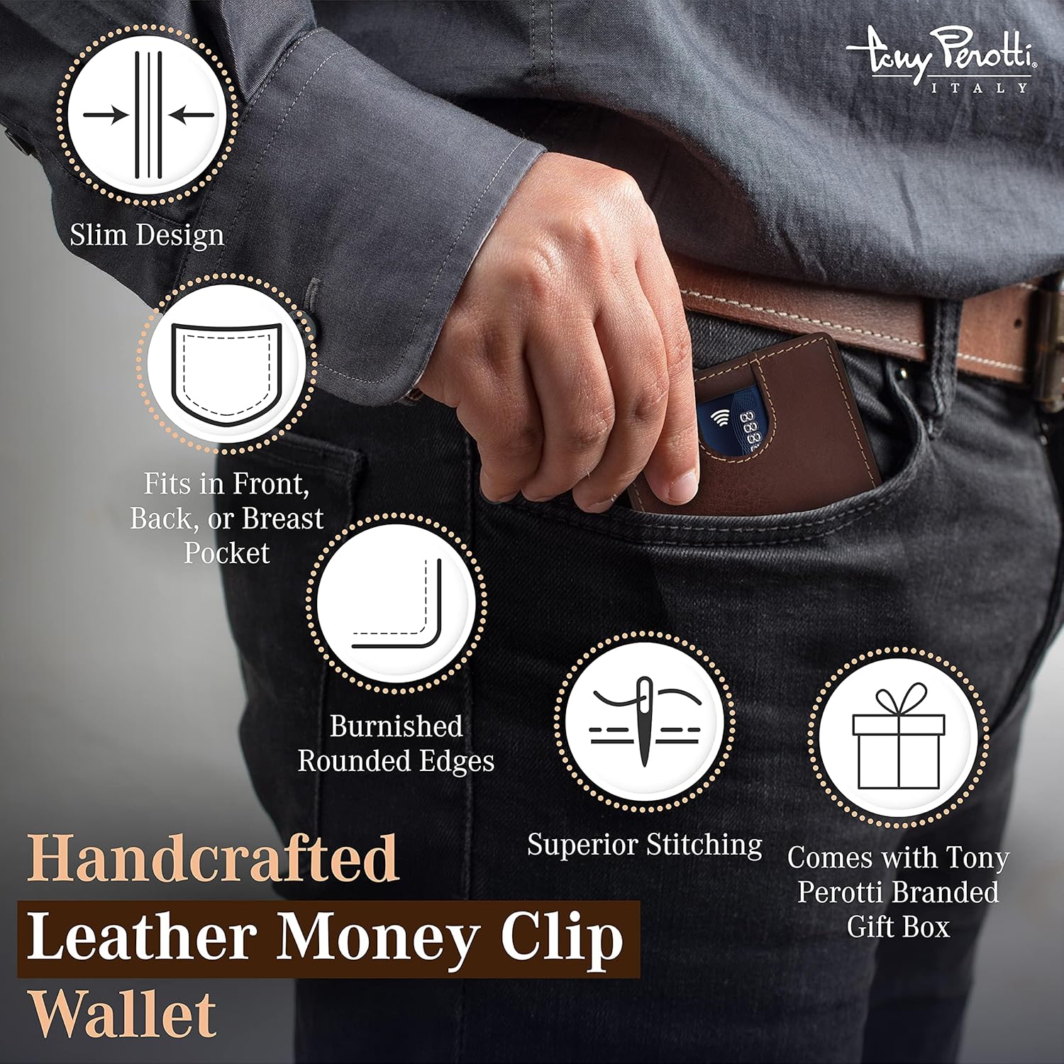 Tony Perotti Italian Leather Slim Money Clip Wallet - Men's Bifold Ultra Slim RFID Wallet With Credit Card Slots, ID Window - Eco-Friendly Tanned Full Grain - Made in Italy - Image 5