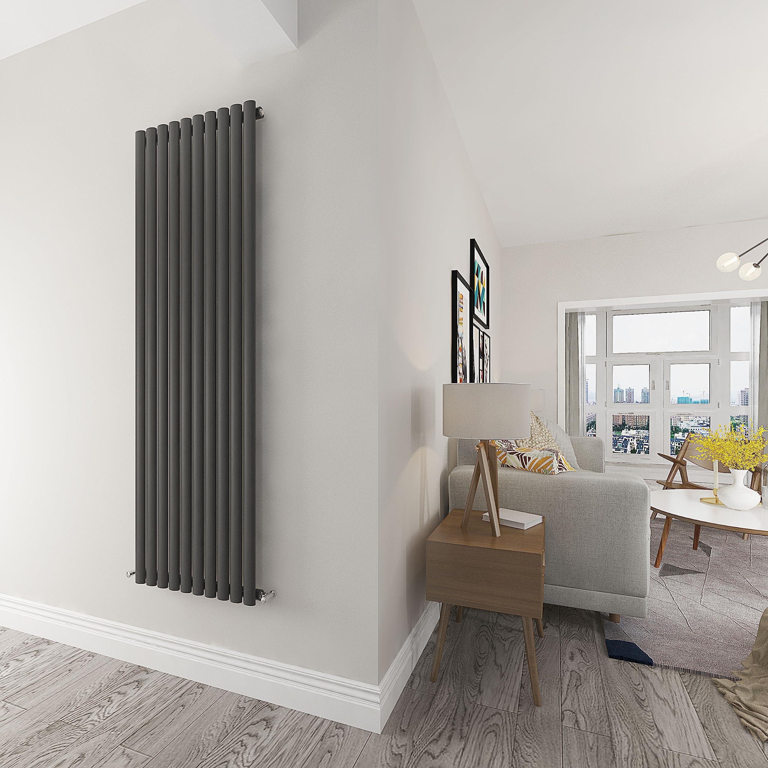 Skybathroom | 1800x590mm Vertical Anthracite Oval Single Slim Panel Tall Upright Central Heating radiator