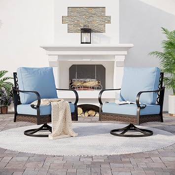 SUNSHINE VALLEY, 2 Pack, Swivel Rocking Chairs, Black Frame, Blue Cushions | Metal, 5.75" Thick Cushions, High Back, All Weather, 350 lb Capacity, Waterproof Cushion Covers