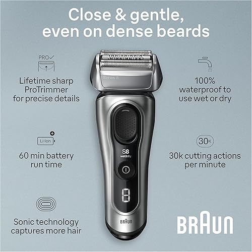 Miniatura 3 de Braun Maquinilla de afeitar eléctrica serie 8 para hombres, con elementos de afeitado 4+1 y recortadora de cabello largo de precisión, cerca y suave