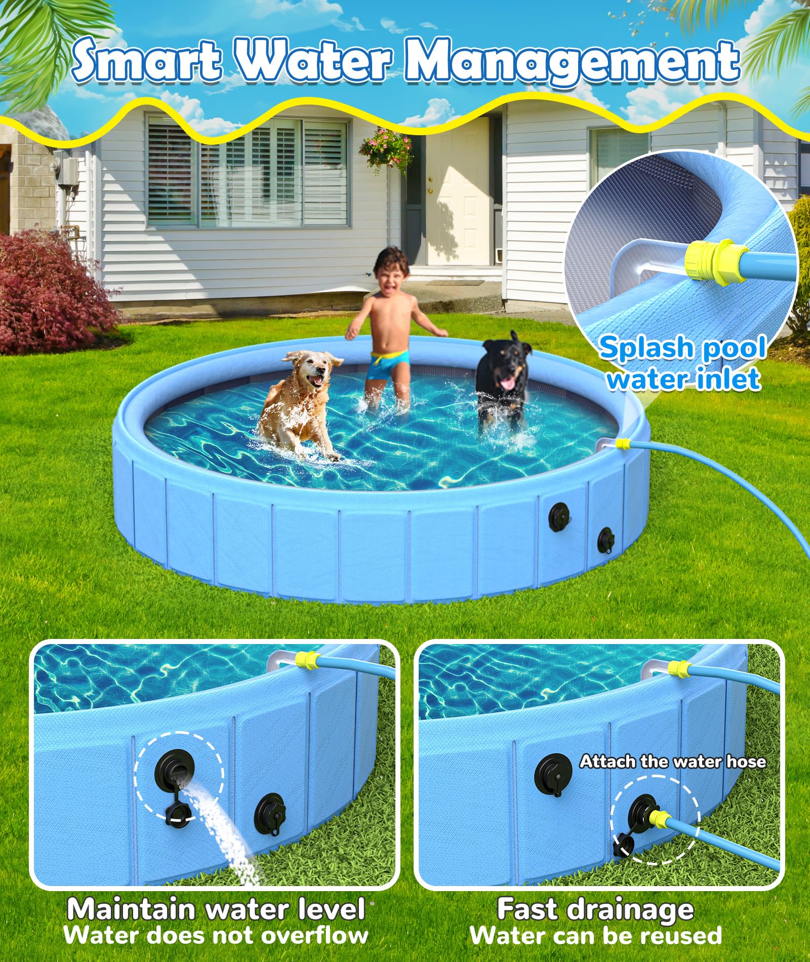 EPN Large Foldable Dog Pool – 0.55MM PVC 2-in-1 Portable Bathtub & Sprinkler for Dogs, Cats, Kids – Heavy Duty, Non-Slip, Summer Water Toy (106 in) - image 5