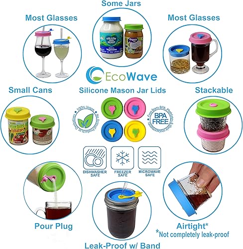 Miniatura 4 de Tapas de silicona para tarros Mason con agujero para pajilla se adapta a tarros Mason de boca regular y boca ancha. Tapas para beber para frascos de