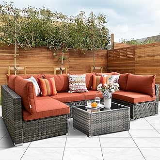 HOOOWOOO Patio Outdoor Sectional Furniture Sofa Set,7 Piece U Shaped Corner Wicker Rattan Couch Set,Rustic 6 Persons Summer Patio Conversation Set for Outside Porch Deck Garden(Orange Red)