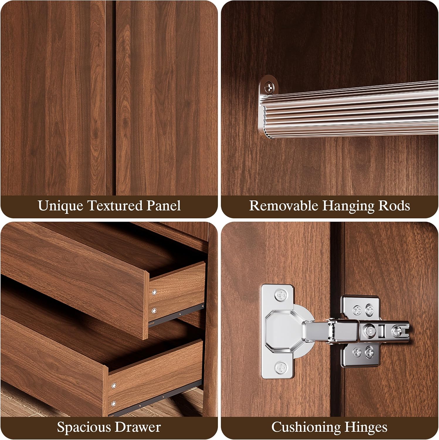 Armoire Wardrobe Closet, 70.9" Tall Wardrobe Cabinet with 2 Doors, 2 Large Drawers and Hanging Rod, Wooden Clothing Storage Cabinet for Bedroom, Cloak Room, Walnut