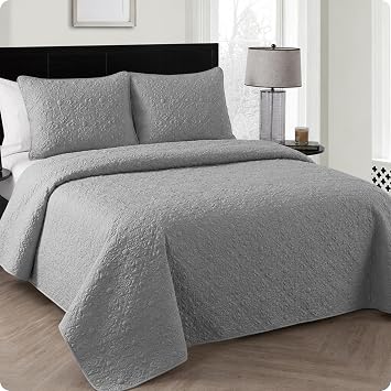 VCNY Home Twin Bed Quilt - 2-Piece Twin Comforter Alternative, Floral Bedspread Coverlet with Sham Caroline, Grey Bedding