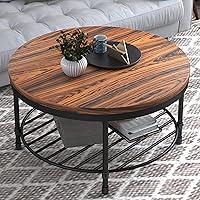Vista 11 de NSdirect Mesa auxiliar redonda, mesa de centro pequeña de 27.5 pulgadas para sala de estar, escritorio de madera rústica de 2 niveles con estante