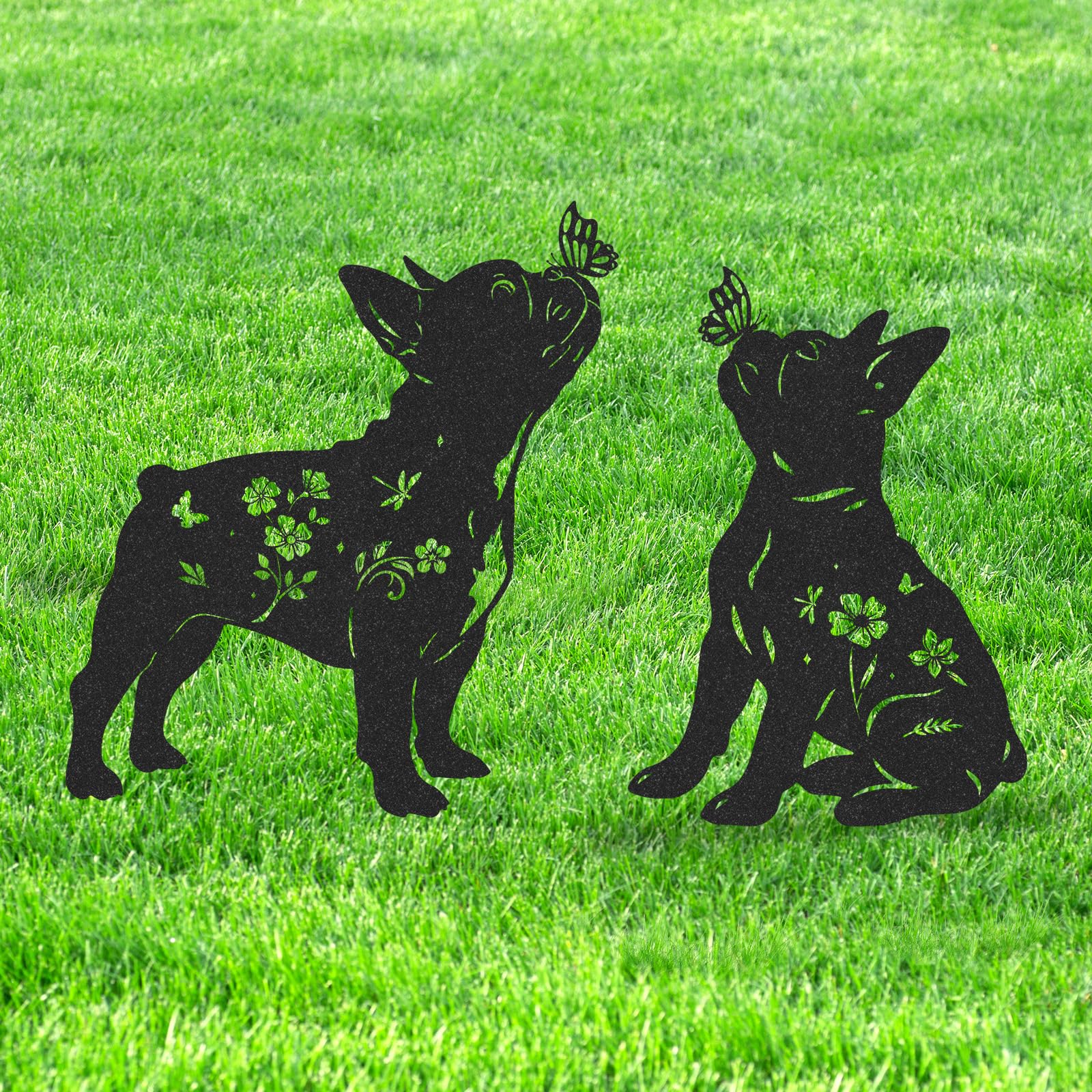 LIRAVENO French Bulldog Garden Decor - 2 Pcs Metal Animal Statue Gifts Set for Dog Lover Black Yard Stakes Decorations with Butterfly Flower Silhouette Outdoor Sign Patio Lawn Pathway Art Ornaments