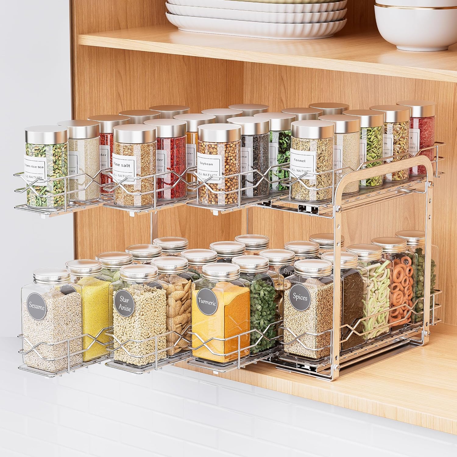 Spice Rack Organizer, Heavy Duty Vertical Spice Rack Pull Out for Cabinet, 2 Tier Metal Spice Rack for Kitchen, Pantry, Easy to Install & Smooth Sliding, Chrome, 11”W x 10.5”D x 9.5”H