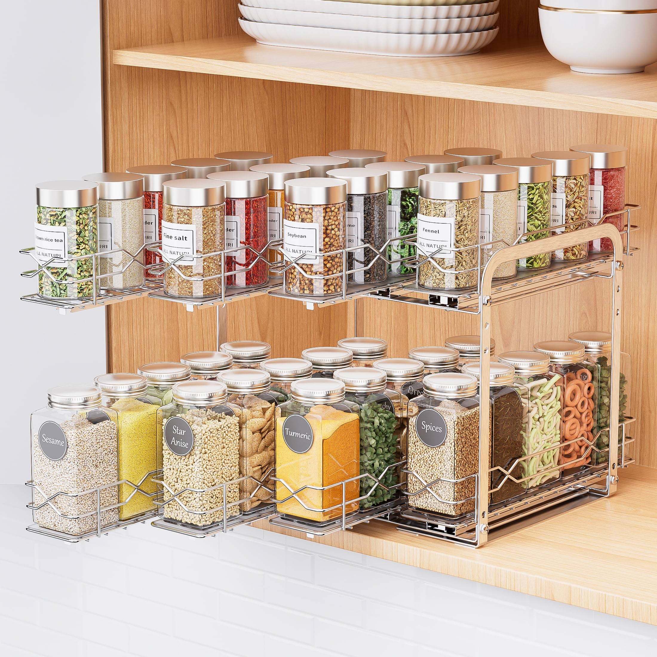 Ezprotekt Spice Rack Organizer, Heavy Duty Vertical Spice Rack Pull Out for Cabinet, 2 Tier Metal Spice Rack for Kitchen, Pantry, Easy to Install & Smooth Sliding, Chrome, 11”W x 10.5”D x 9.5”H