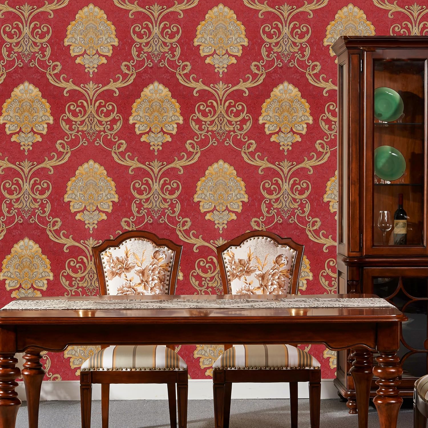 9.5X0.53M 6 Colors Luxury Gold Damask Waterproof Embossed Textured PVC Wallpaper Murals Roll for Bedroom Livingroom 1.73' W x 31.2' L=5.035㎡ (54sq.ft) (Red)