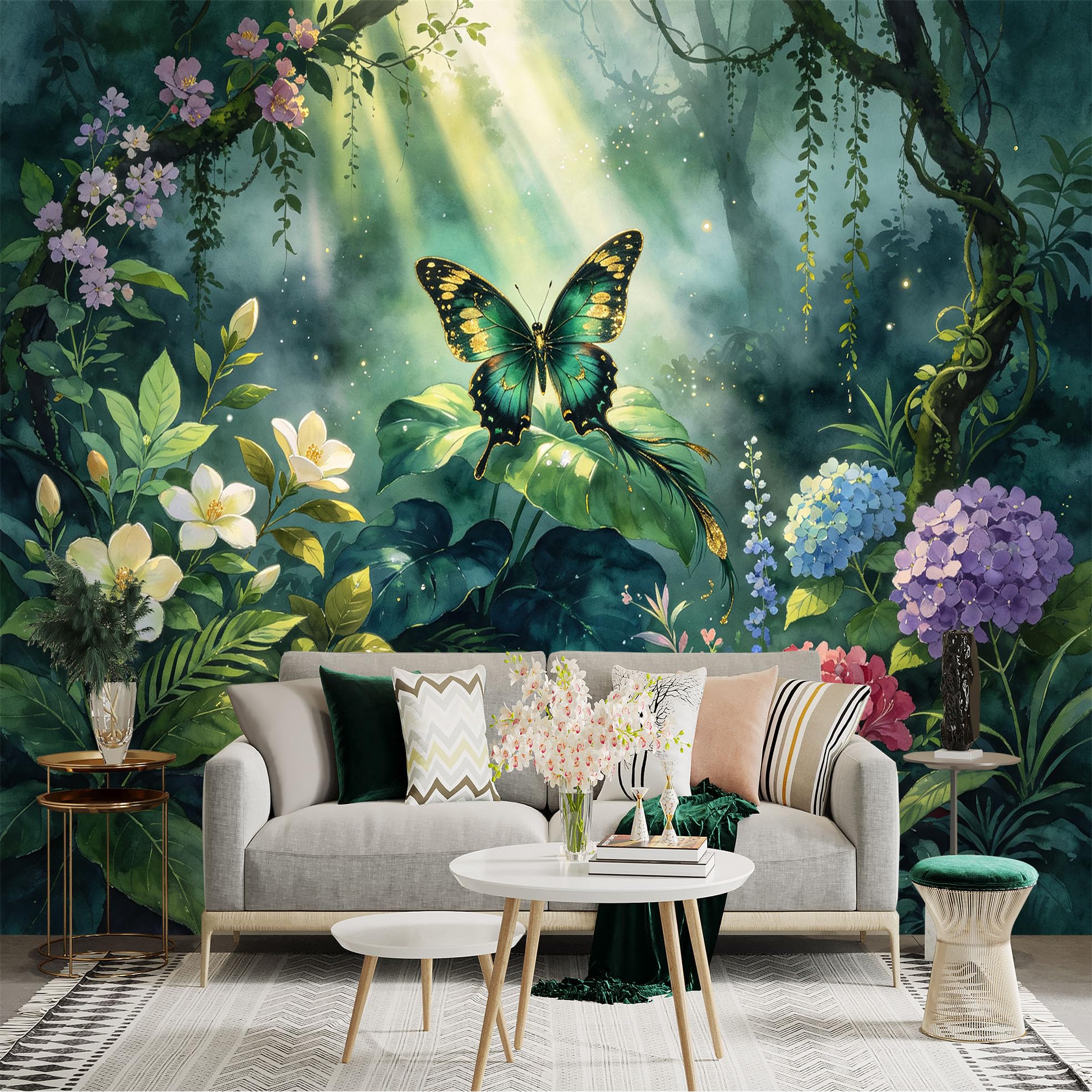 Lnzczhyre Bh260719717 Custom Size Wall Sticker Mural， Enchanted Butterfly In Lush Forest， Glowing Light And Vibrant Flowers， For Wall Decoration， Peelandstick Wall Decals.
