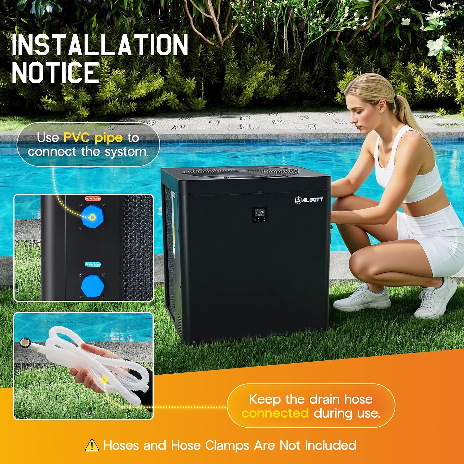 Albott Swimming Pool Heat Pump, 150,000 BTU Electric Pool Heater for Above Ground and Inground Pools, Heating and Cooling for Pools up to 45000 Gallons, Bluetooth Control, 220V, Black