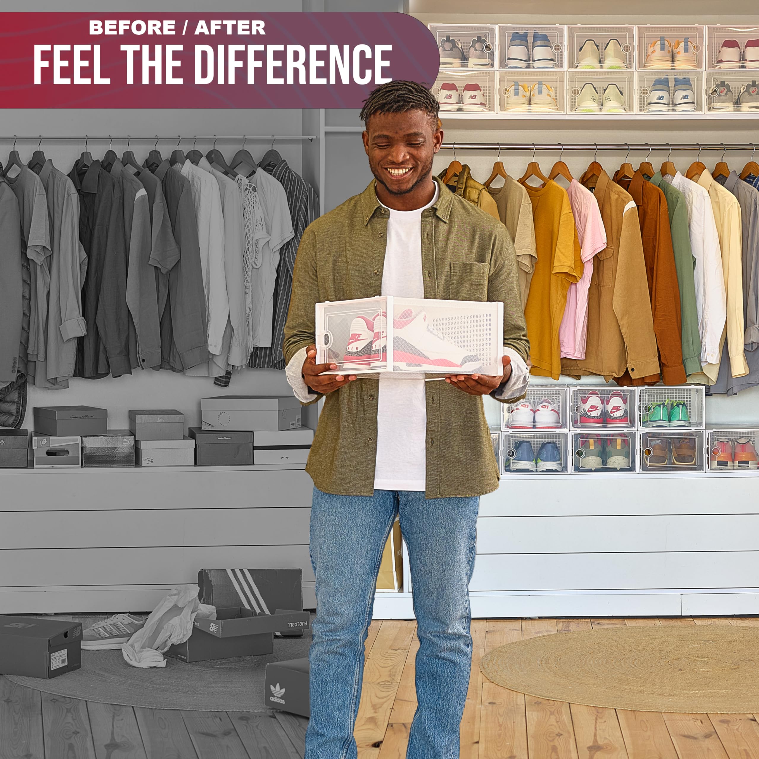 ORGAHOUSE 12 Pack Clear White Shoe Storage Boxes - Stackable, Plastic Shoe Rack Organizer for Closet, Dorm or Entryway Space Storage, Menâ€™s and Womenâ€™s Sneaker, Boot, Handbag and Purse Organizer (L)