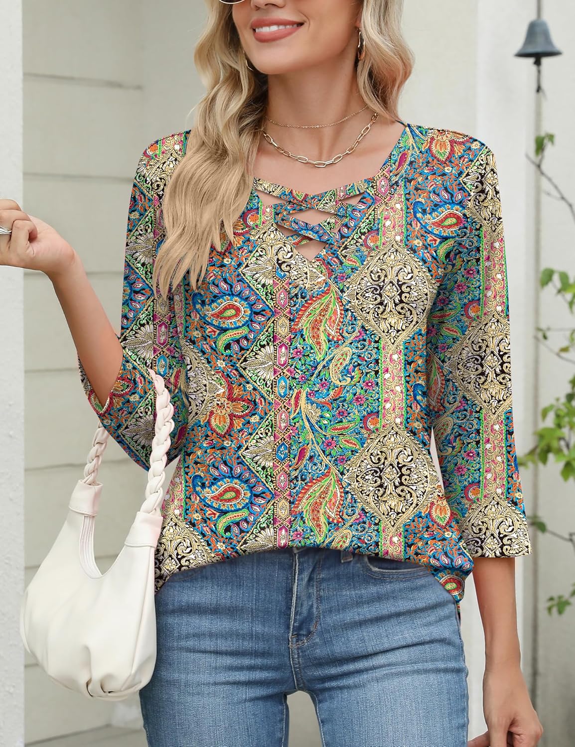 Rapbin Women Blouses Dressy Casual Spring Tops 3/4 Length Sleeve Womens T Shirts V Neck Criss Cross Tees - Image 5