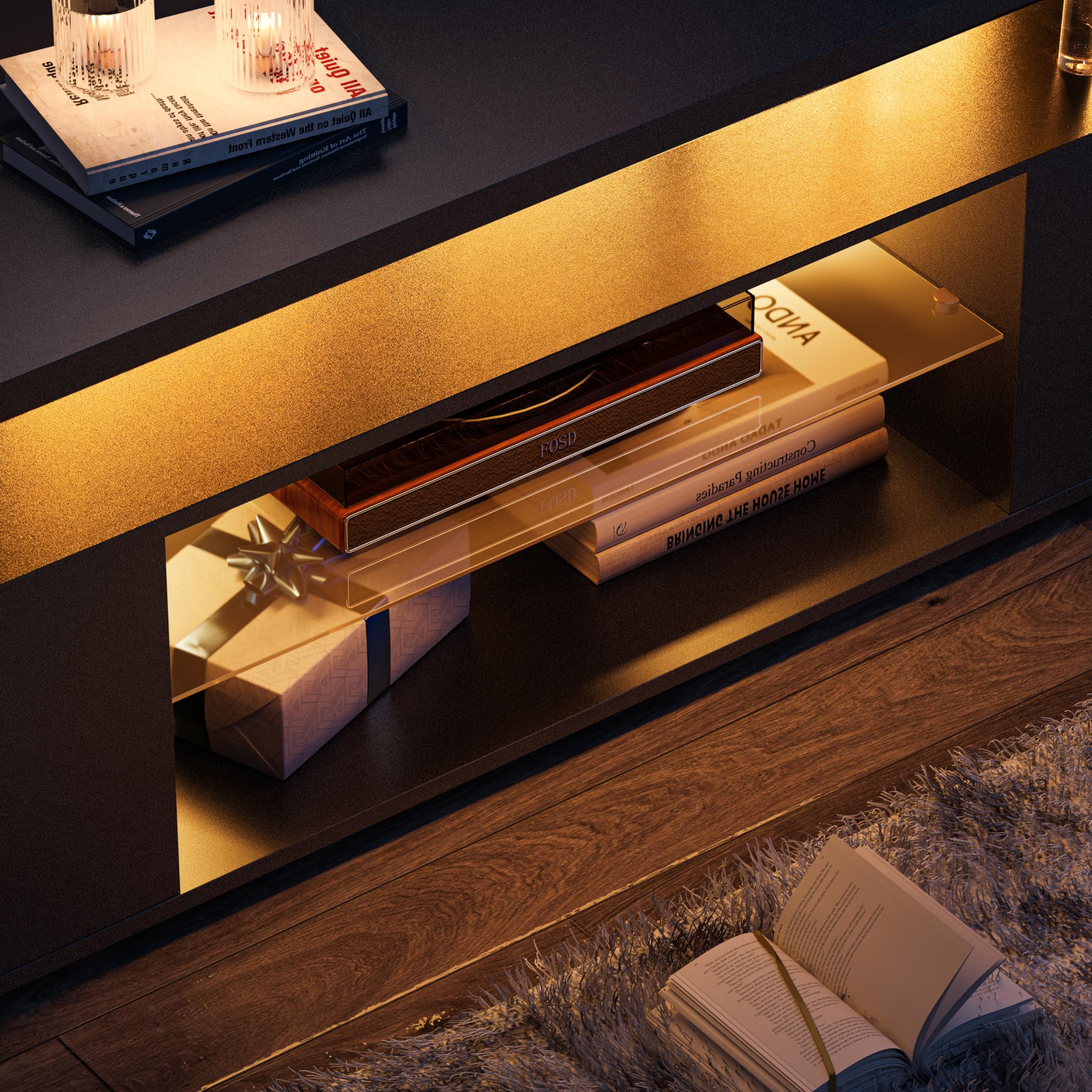 Cubehom LED TV-Schrank 130 cm, Moderno mobile porta TV con illuminazione a LED e spazio di archiviazione, tavolo TV per soggiorno, per televisori fino a 60 pollici, Nero