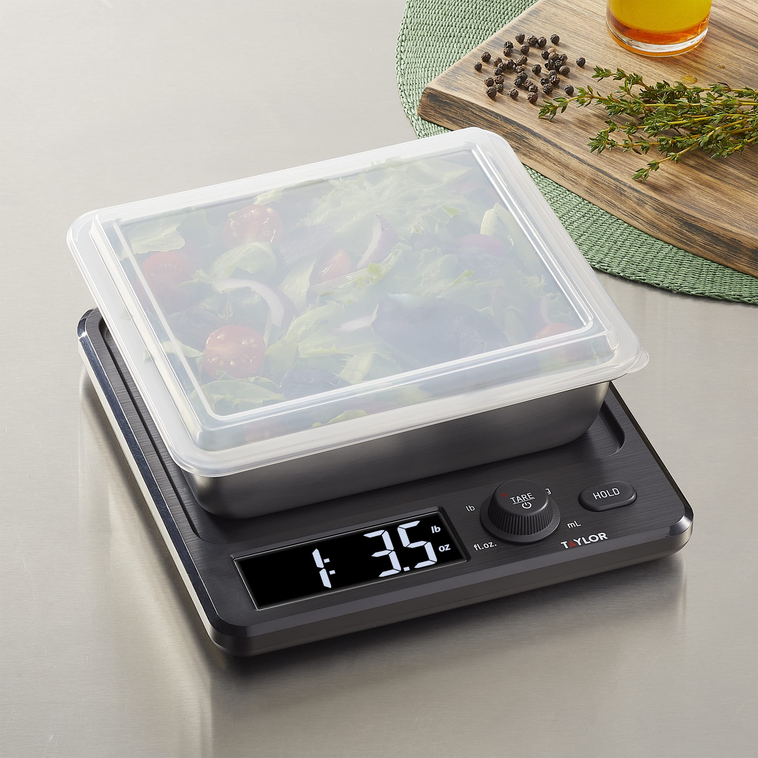 Taylor Precision Products Digital Kitchen Scale with Dishwasher Safe Stainless Steel Container and Snap On, 22 pound capacity, Black