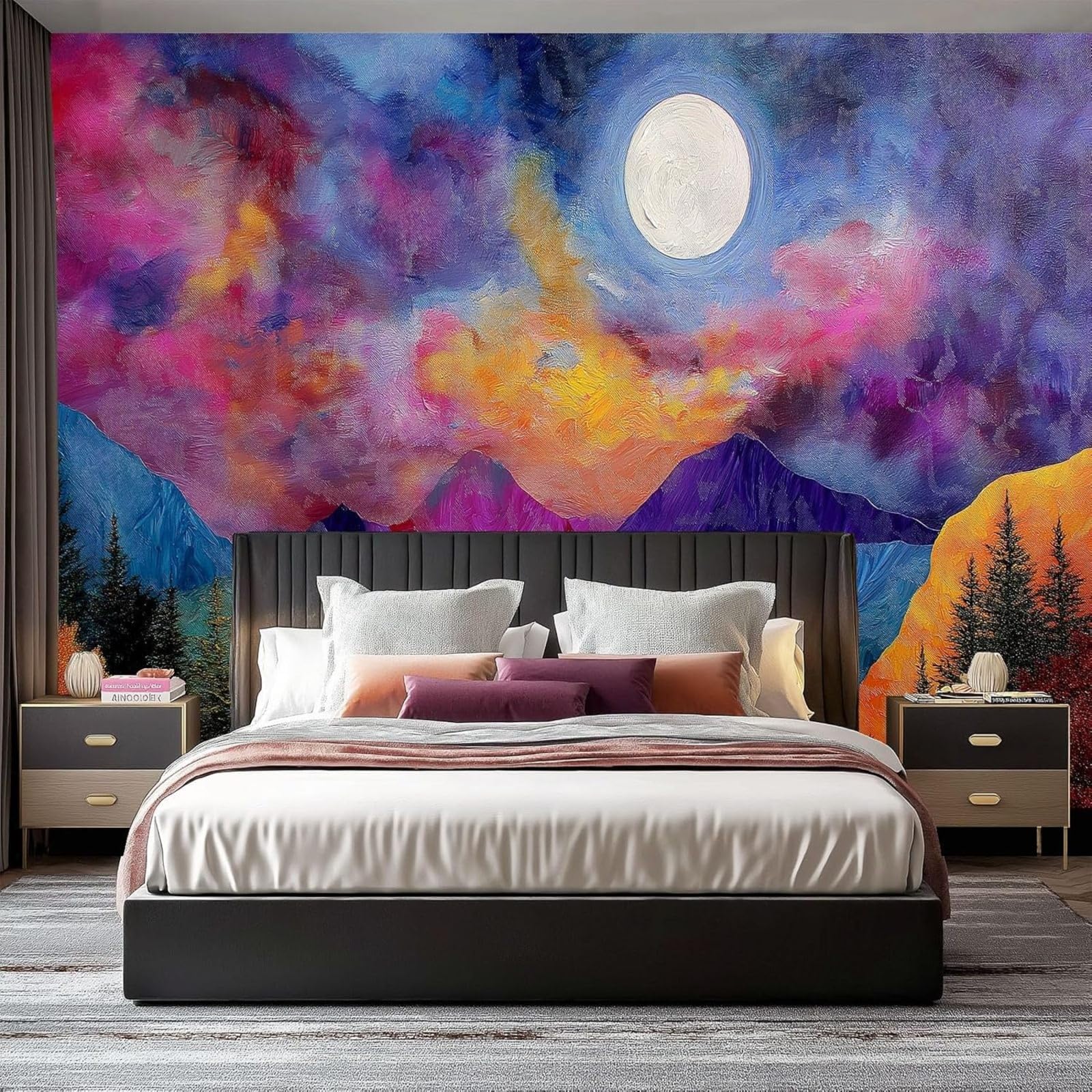 Non-woven photo wallpaper, oil painting, forest, for living room, kitchen, TV background; non-woven wall mural, abstract mountains, sunset - modern, multicolored, 430cm x 300cm; stickers - frameless p