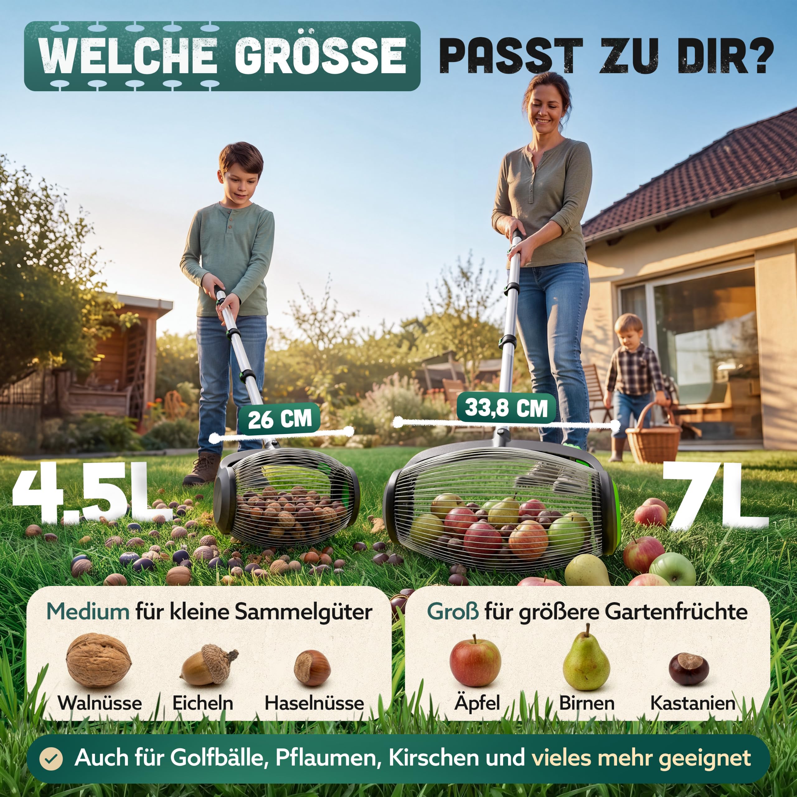 Obstsammler Rollsammler Pro | Äpfel Aufsammler & Fallobstsammler mit Stiel | Apfelsammler, Rollobstsammler, Apfelroller, Apfelaufsammler, Obstaufsammler - Obstrollsammler [Groß]