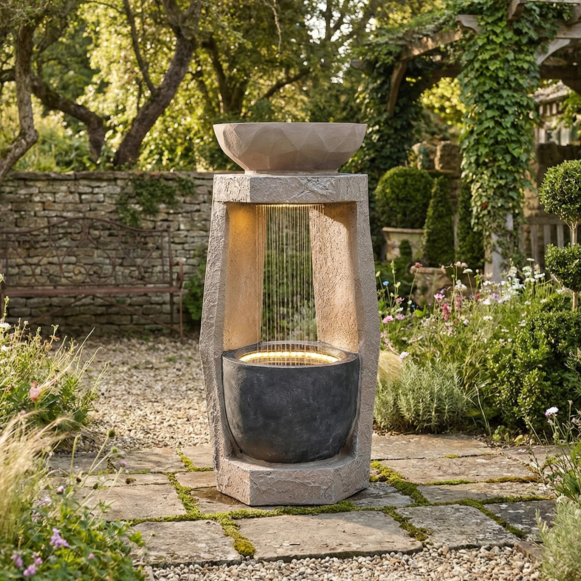 Gartenbrunnen, Brunnen Garten, Gartenbrunnen für Außen, Zimmerbrunnen mit LED-Beleuchtung, Wasserpumpe, Kunststein-Außenverkleidung & Zierbecken, für Garten, Terrasse (Beige)