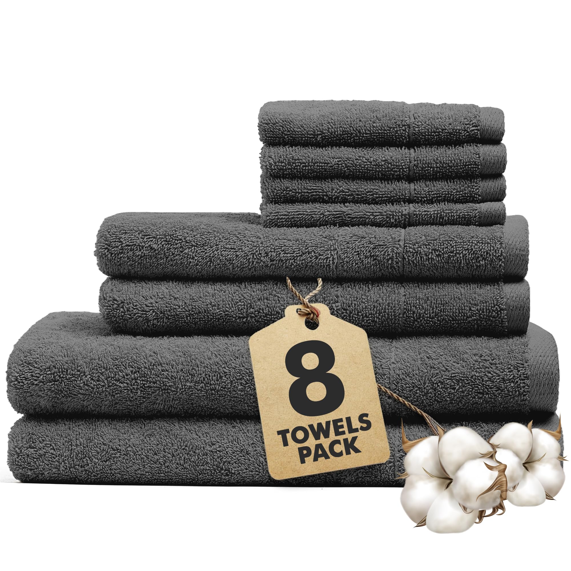 Novo Home Bath Towels Set of 8 – 550 GSM 100% Cotton Dark GreyTowel Set Bale Includes 2 Bath, 2 Hand, 4 Face Towels – Soft, Absorbent & Quick Dry Towel for Bathroom, Spa, Kitchen, Hotel Use