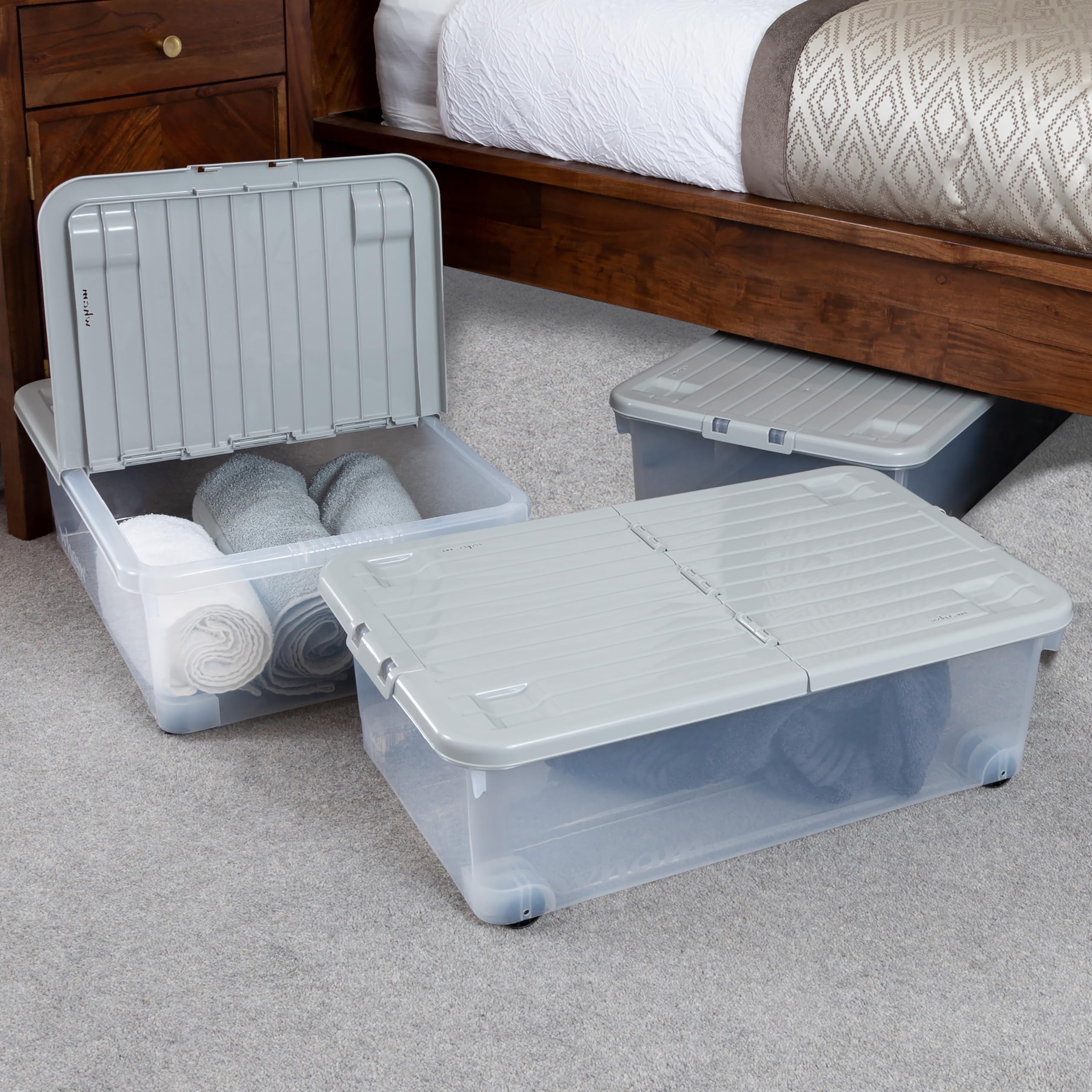 Wham Wheel 3 x 32L Plastic Storage Boxes with Folding Lid & Wheels | Ideal for Home, Office, Toys & More | Medium Boxes | Made in UK - Clear/Cool Grey