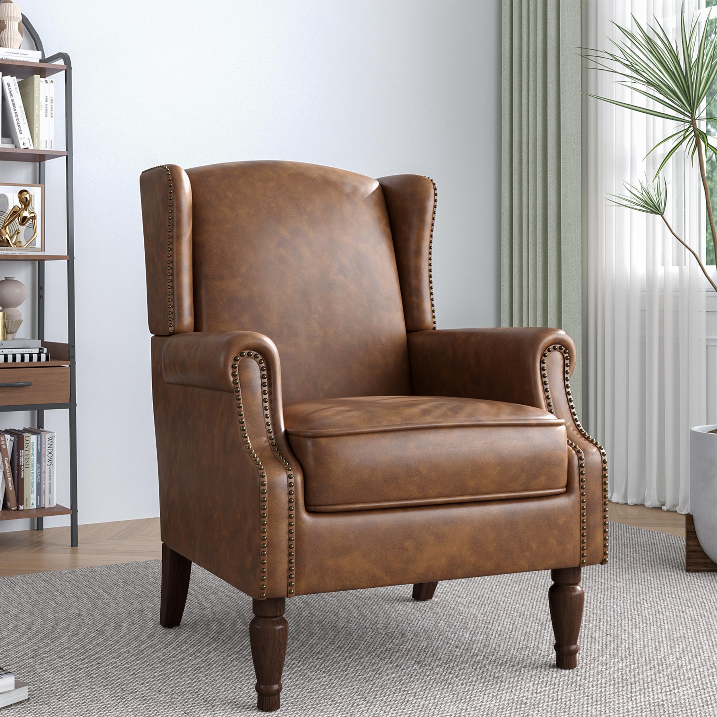 Lumibee Accent Chair, Faux Leather High Back Armchair or Living Room, Comfy Upholstered Single Sofa Reading Chair with Solid Wood Legs for Office,