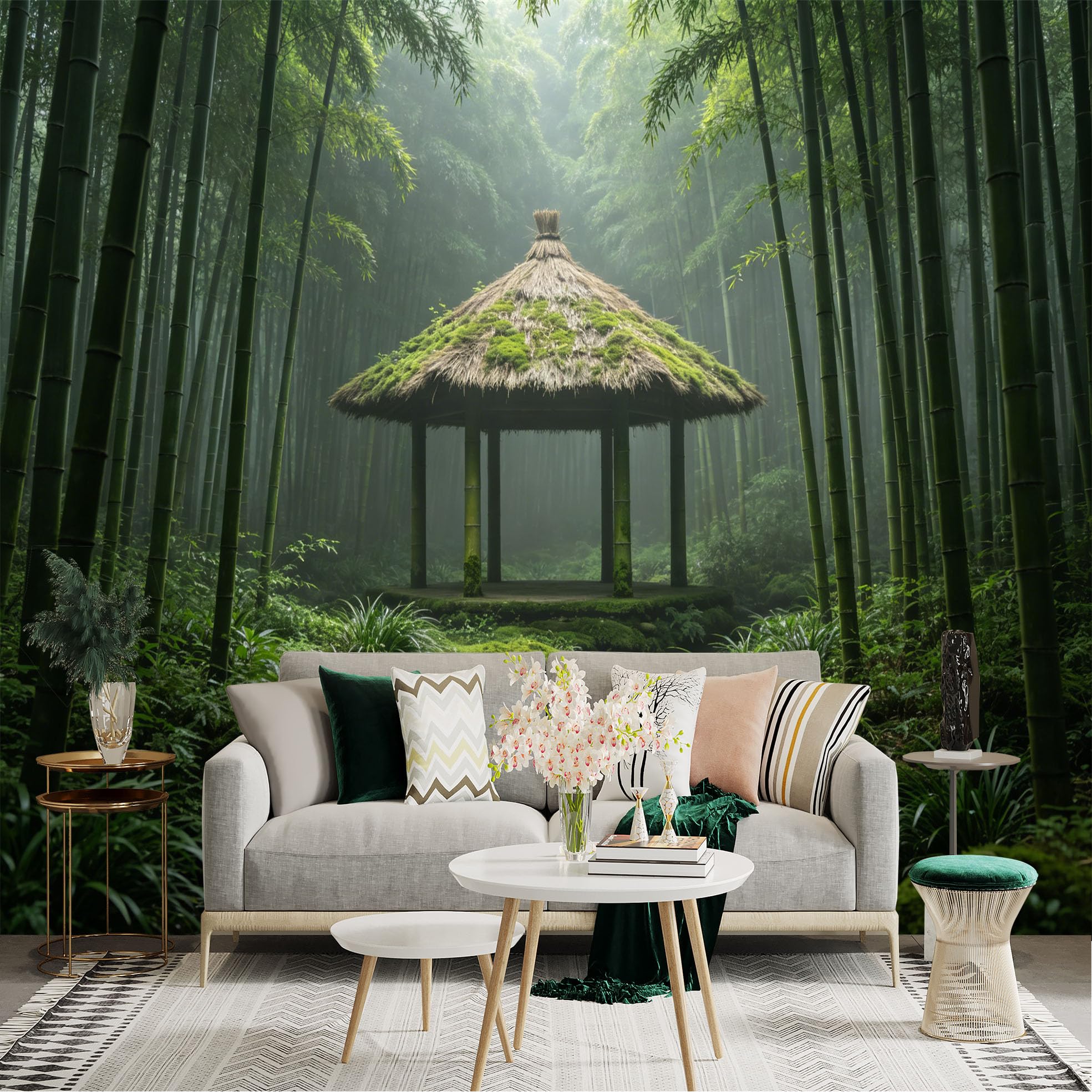 Custom Size Wall Sticker Mural， Bamboo Forest with Mossy Pavilion and Stream， for wall Decoration， peelandstick wall Decals.