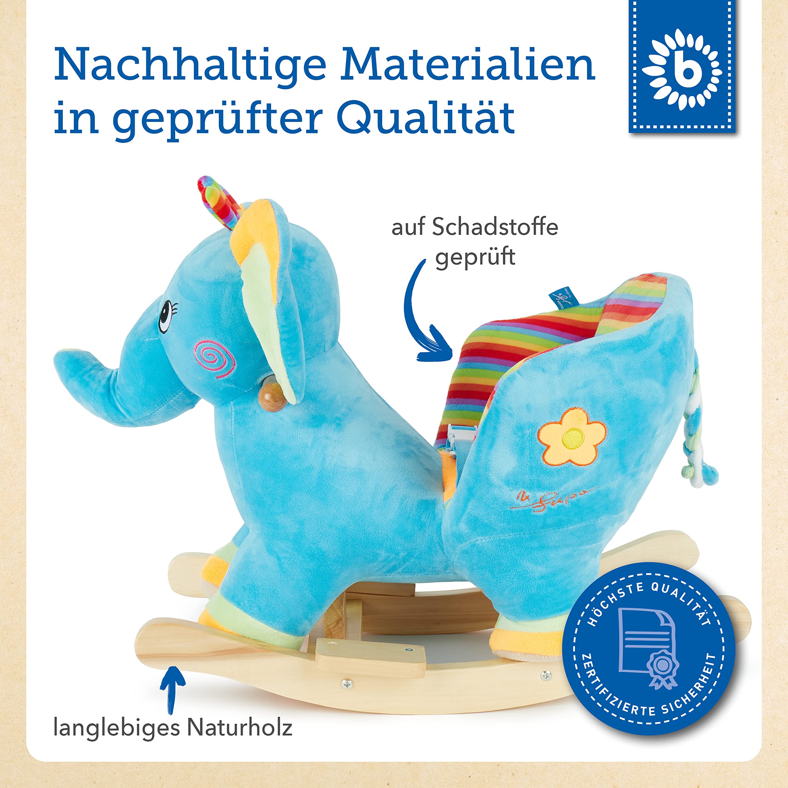 Bieco Plüsch Schaukeltier Elefant | Kinder Schaukelstuhl mit Sicherheitsgurt | Baby Schaukel | Schaukel Kleinkind | Schaukeltier Baby Zimmer | Schaukelwippe ab 9 Monate | Schaukelpferd Holz