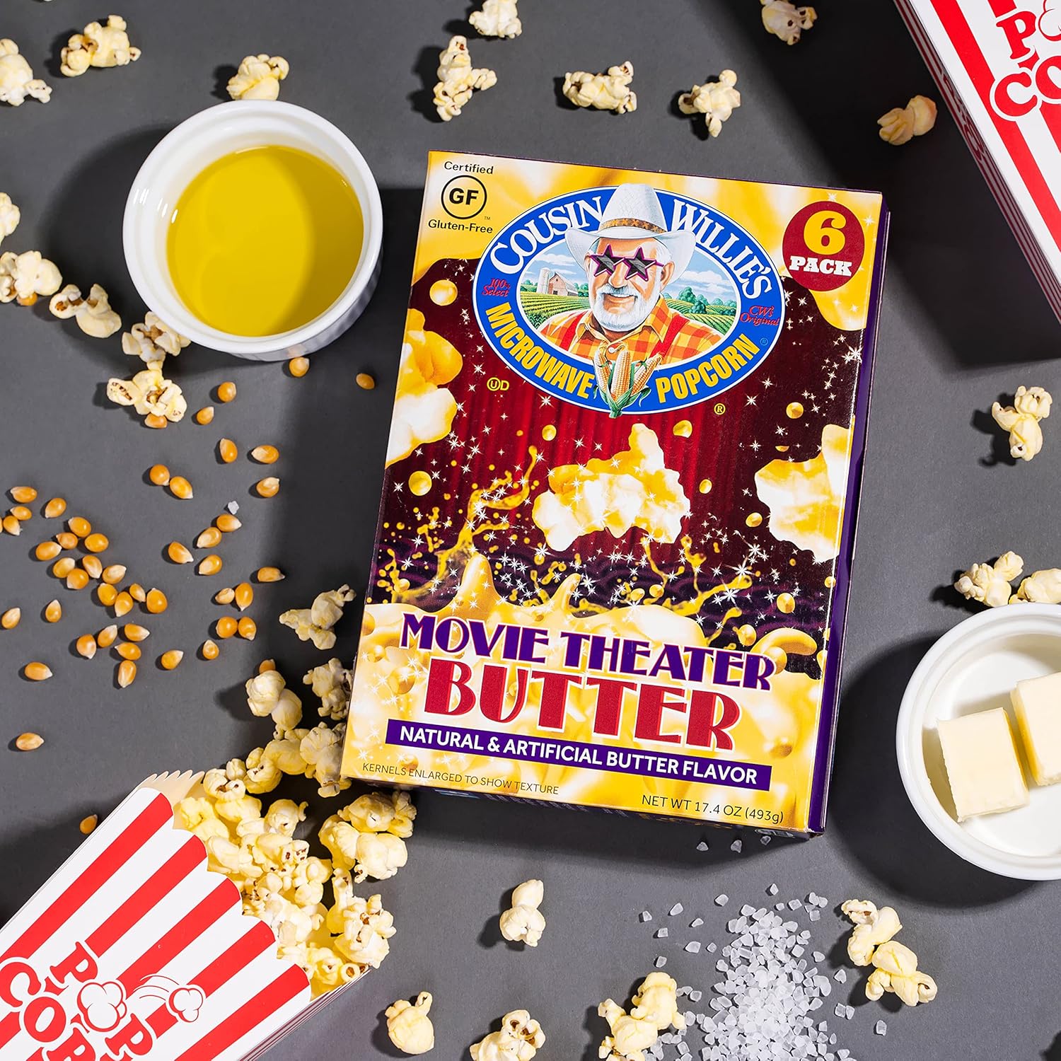 Cousin Willie's Microwave Popcorn Bags, Movie Theater Butter (4 Boxes, 12 Bags) Gourmet Popcorn Boxes for Party, Whole Grain Popcorn, Gluten Free, Low Calorie Healthy Snack, USA Made, non-GMO