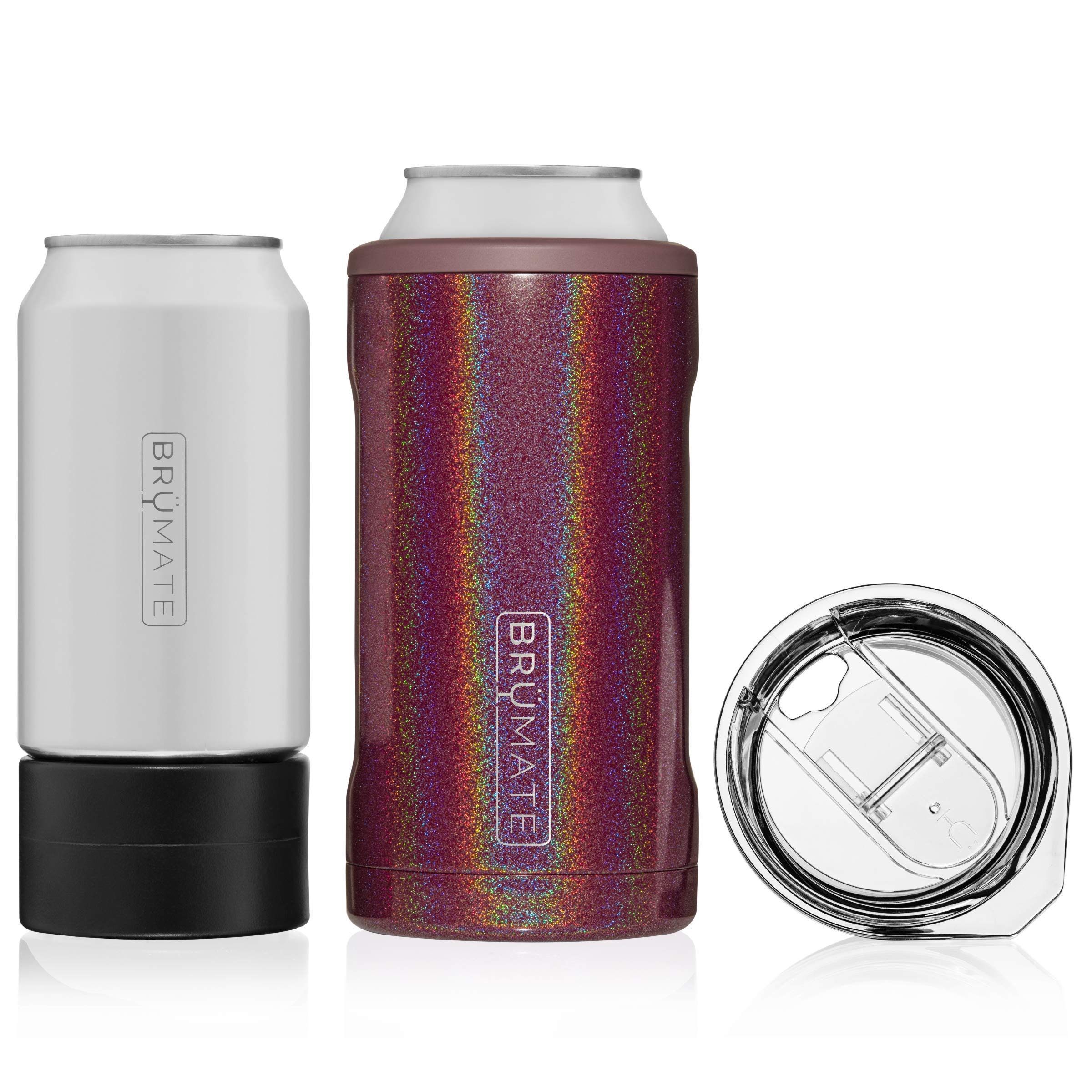BrüMateHopsulator Trio 3-in-1 Insulated Can Cooler for 12oz / 16oz Cans + 100% Leak Proof Tumbler with Lid | Insulated for Beer, Soda, and Energy Drinks (Glitter Merlot)
