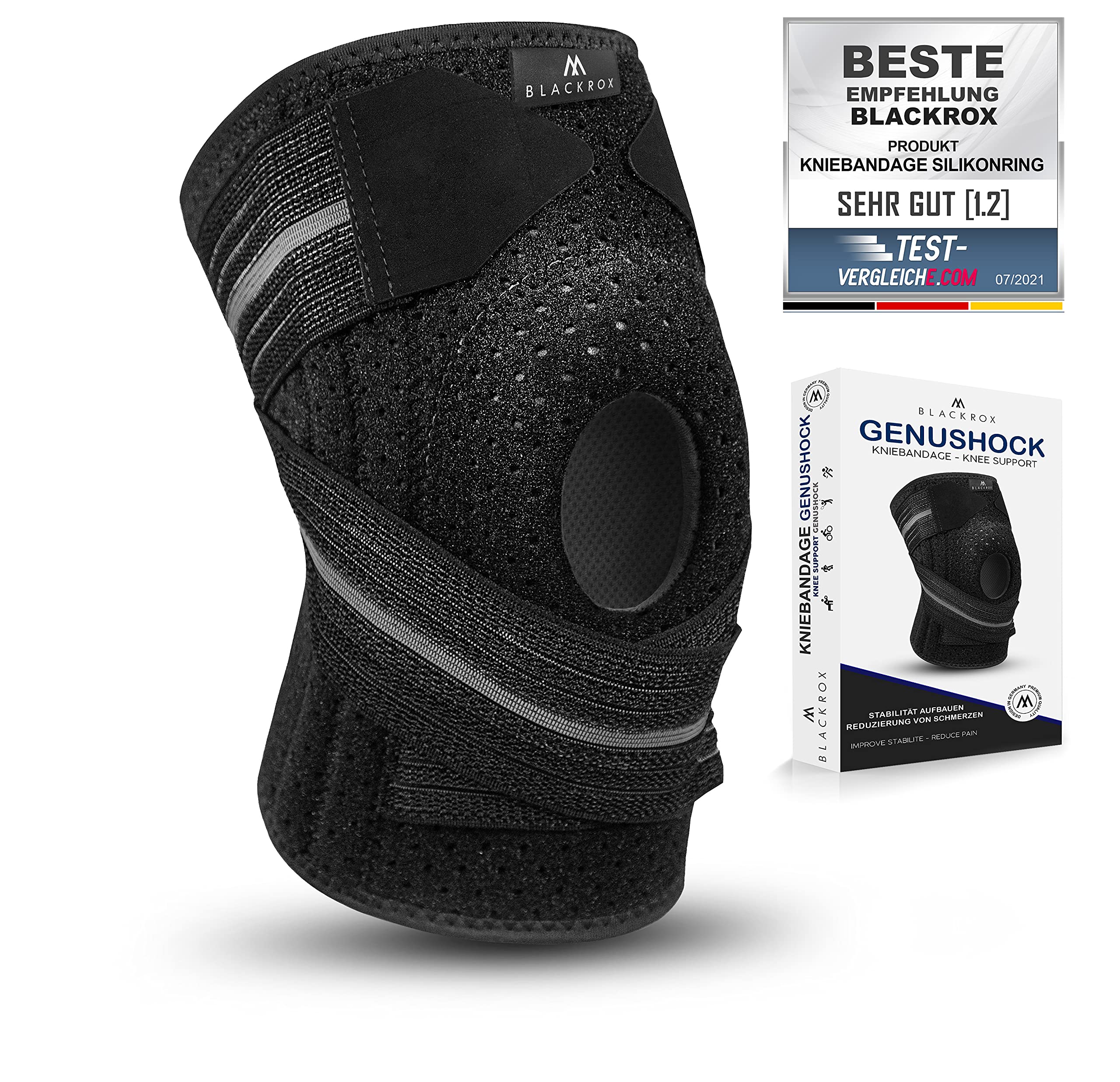 BLACKROX Genushock - Rodillera de silicona para hombre y mujer, estabilizadores laterales, para la rodilla deportiva a la derecha e izquierda, portátil, estabilizada, talla única, color negro y negro